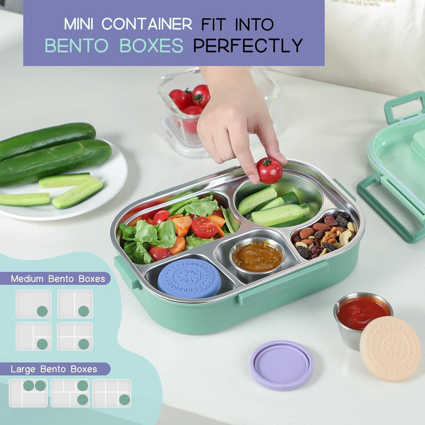 [8 Pack] Salad Dressing Container to Go, 2.4Oz Small Condiment Containers with Leakproof Silicone Lids, Reusable Stainless Steel Sauce Cups for Lunch Bento Box, Picnic and Travel
