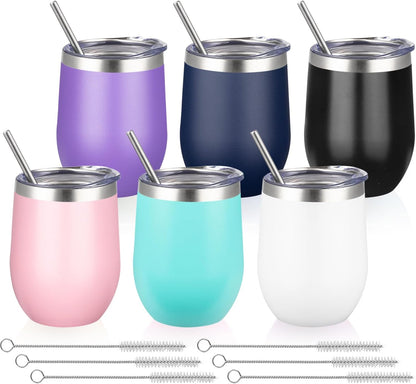 12 Oz Insulated Wine Tumbler with Lid | Stainless Steel Wine Glass/Coffee Mug | Set of 6