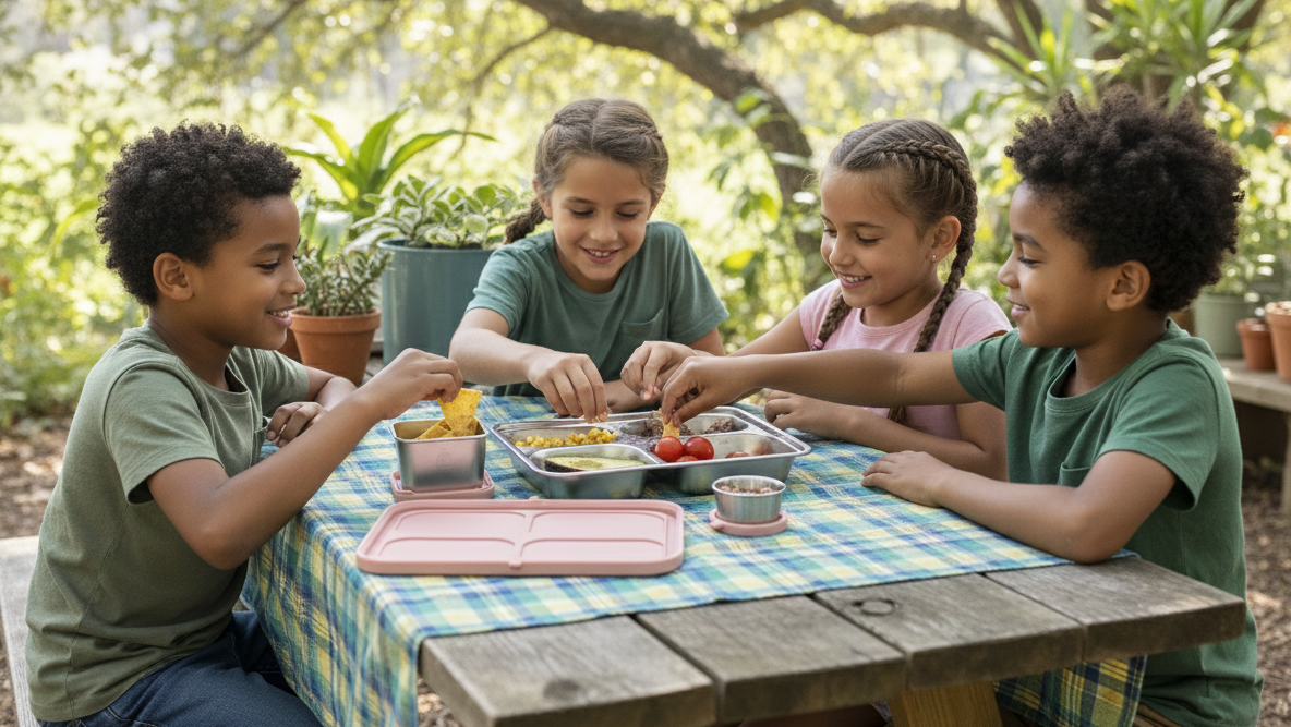 Four children sitting around a picnic table outdoors, eating together.